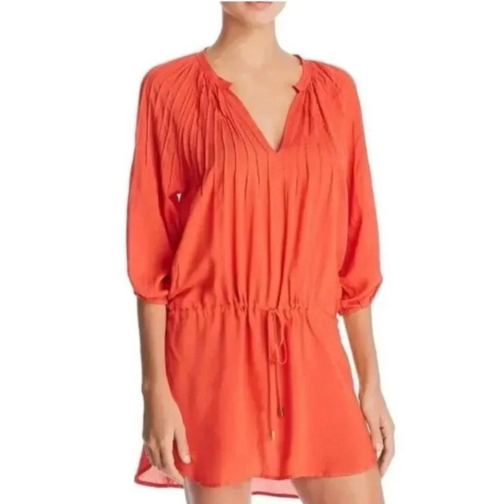 VIX Paula Hermanny Swim Cover Up Dress Orange Red Pintuck Drawstring Mini Small